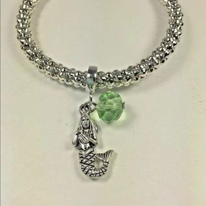 Silver Mermaid Green Ball Stretch Charm Bracelet